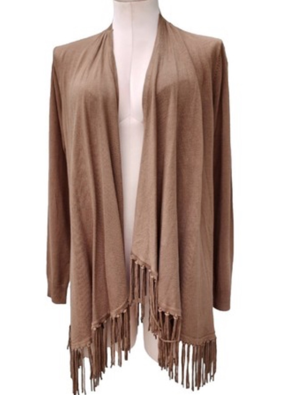 Fringe Open-Front Women's Cardigan Sweater - Tan. 🏡 - Picture 2 of 2
